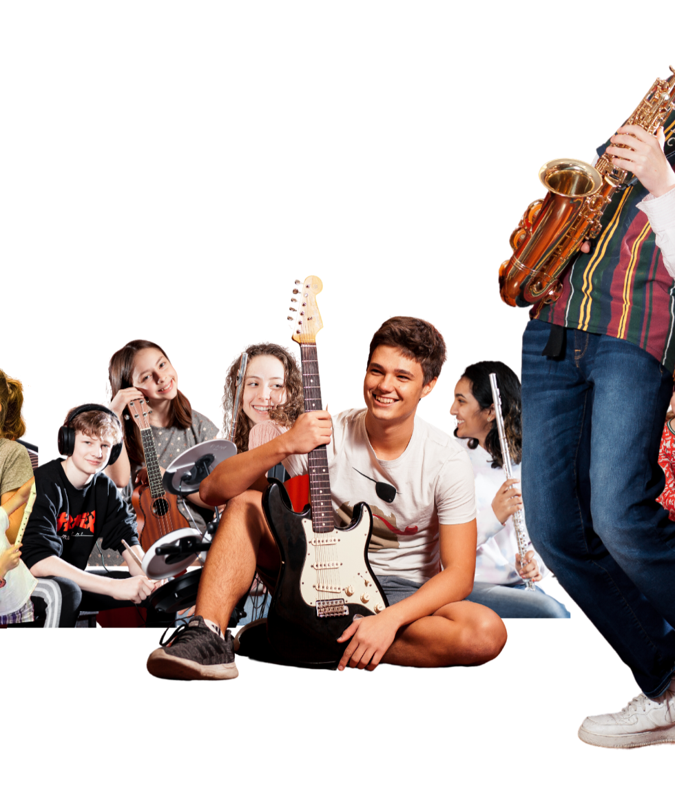 Orange Music Studio students with flute, guitar, drums, ukulele, and saxophone